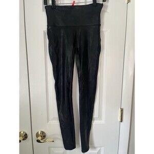 SPANX Faux Leather Leggings Black Size Medium Stretch High Rise Shaping